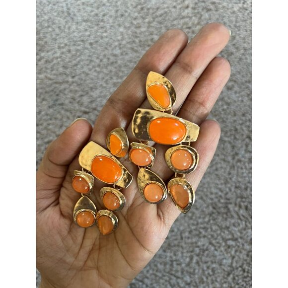 Chunky Orange earrings , large gold chandelier earrings  , vintage style , long - Picture 5 of 8